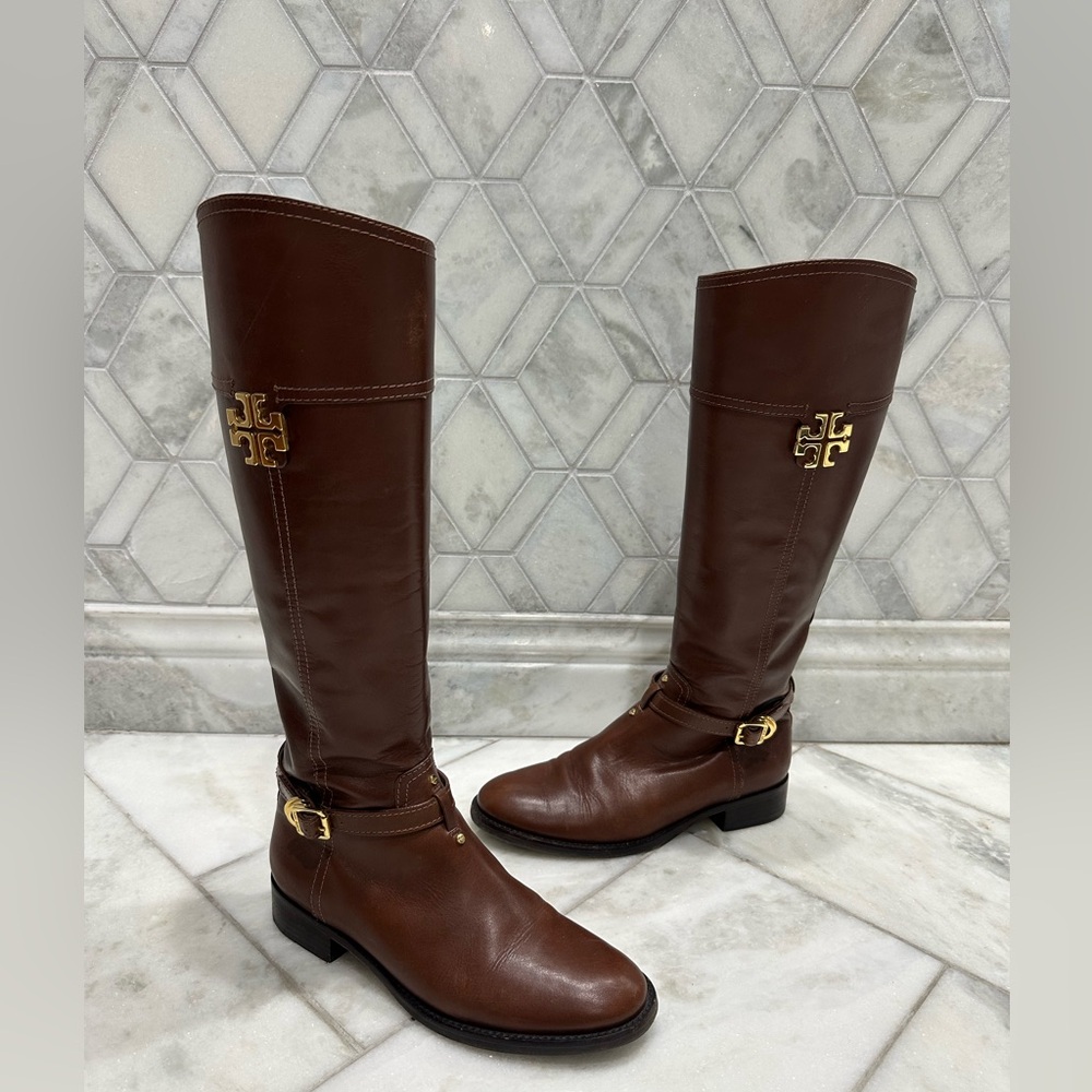 Size 7.5 Tory Burch tall brown riding boots with gold accents